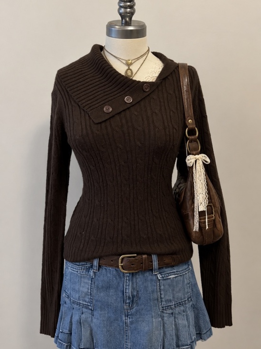 Brown Cable Knit Turtleneck Sweater Whimsy Apple Girl Fall M